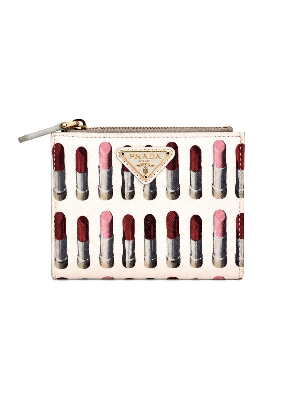 PRADA Lipstick-Print White Saffiano Leather Compact Wallet W/ COA